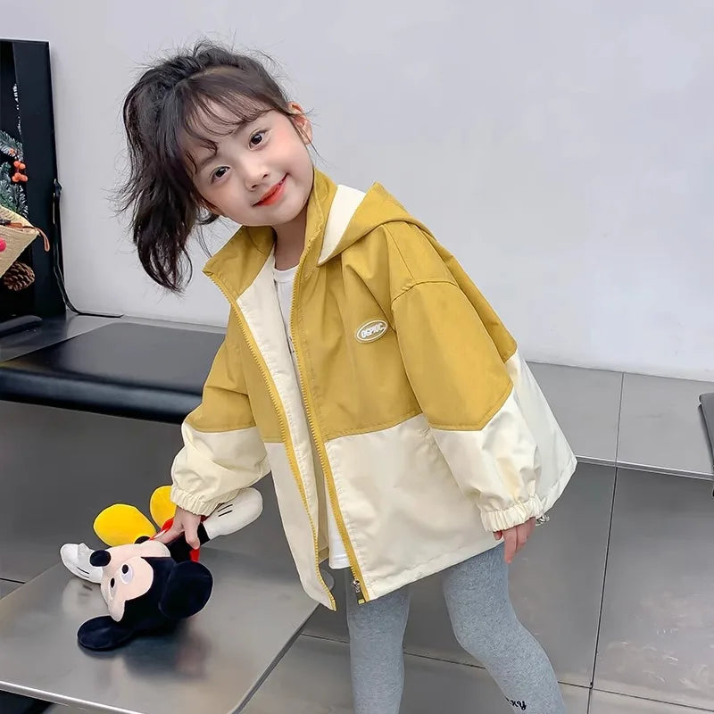 Girls Spliced Zipper Hooded Jacket - Spring Autumn Windbreaker