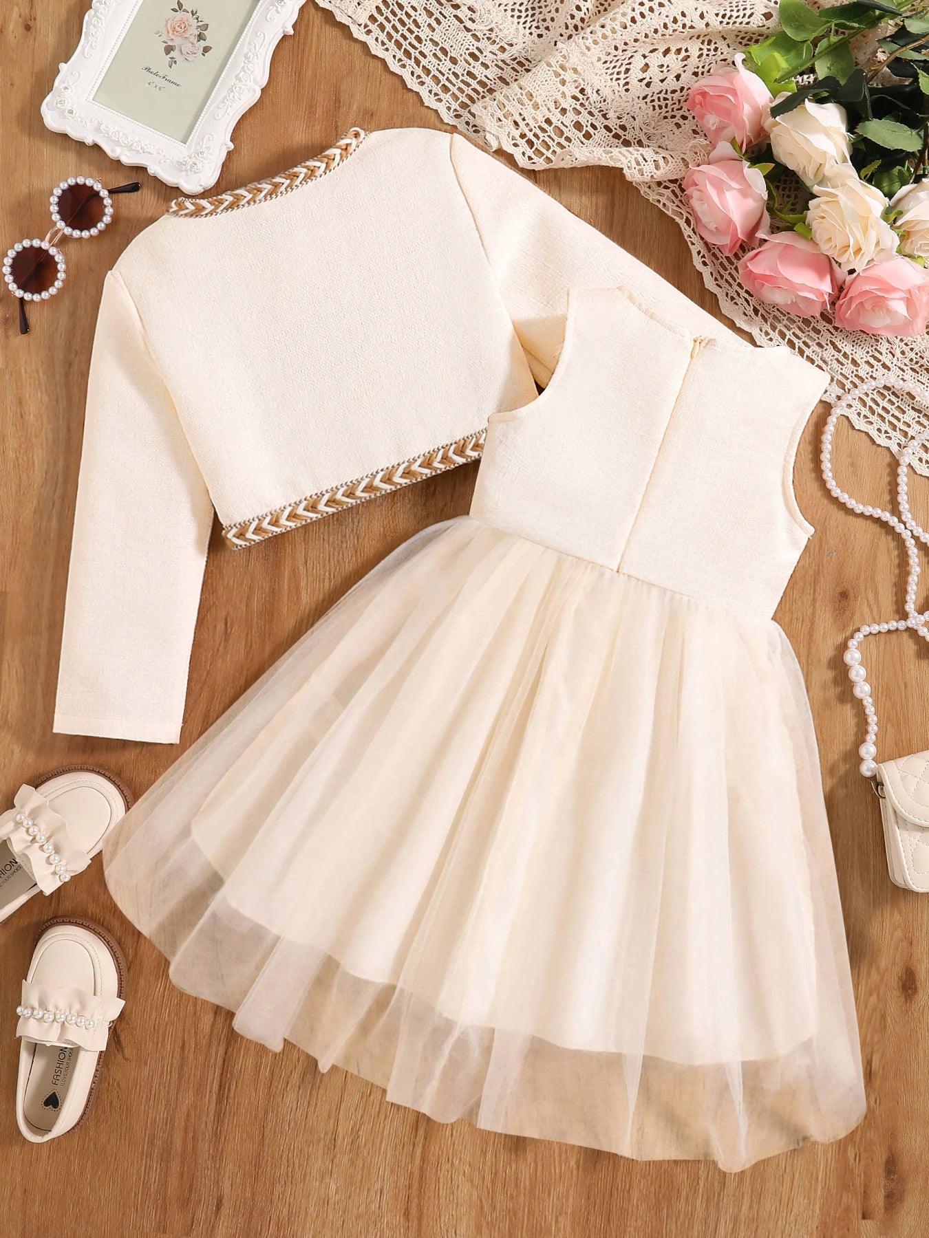 Girls White Autumn Princess Dress - Knee-Length Party Style