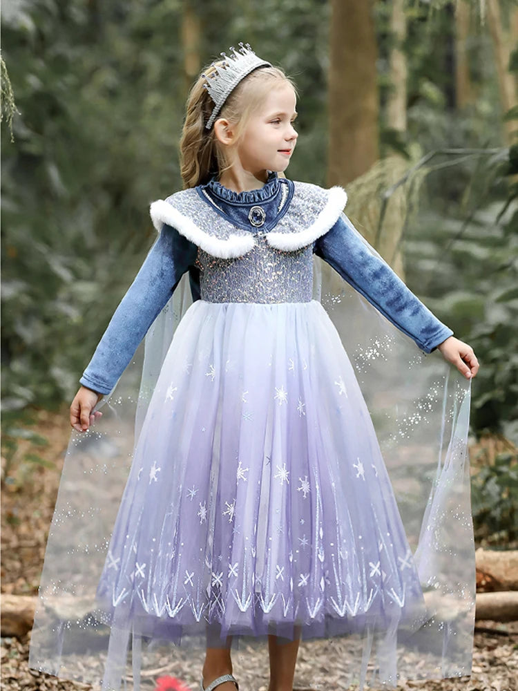 Girls Velvet Blue Cape Princess Dress Set - Warm Party Outfit