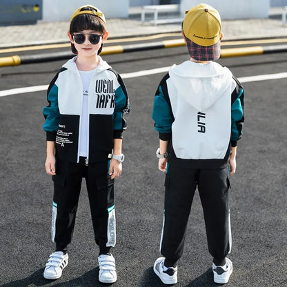 Teen Boys Hooded Tracksuit Set - Zipper Jacket and Striped Pants