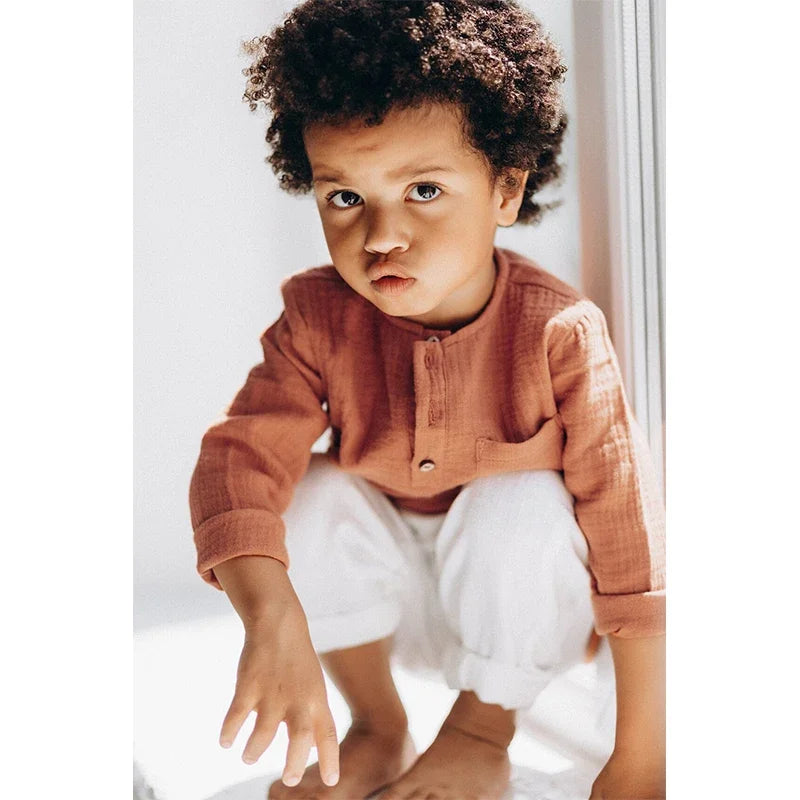 Boys Cotton Muslin Long Sleeve T-Shirt - Soft Pocket Round Neck Top