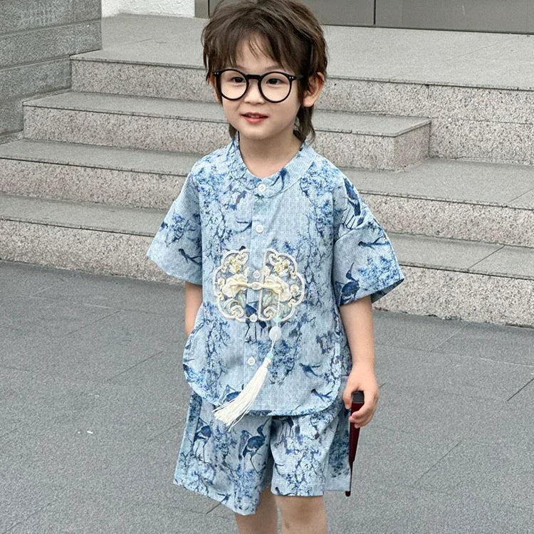 Boys Tang Style Hanfu Set - Short Sleeve Two-Piece Summer Outfit