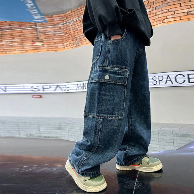Teen Boys Wide Leg Cargo Jeans - Loose Straight Denim Pants
