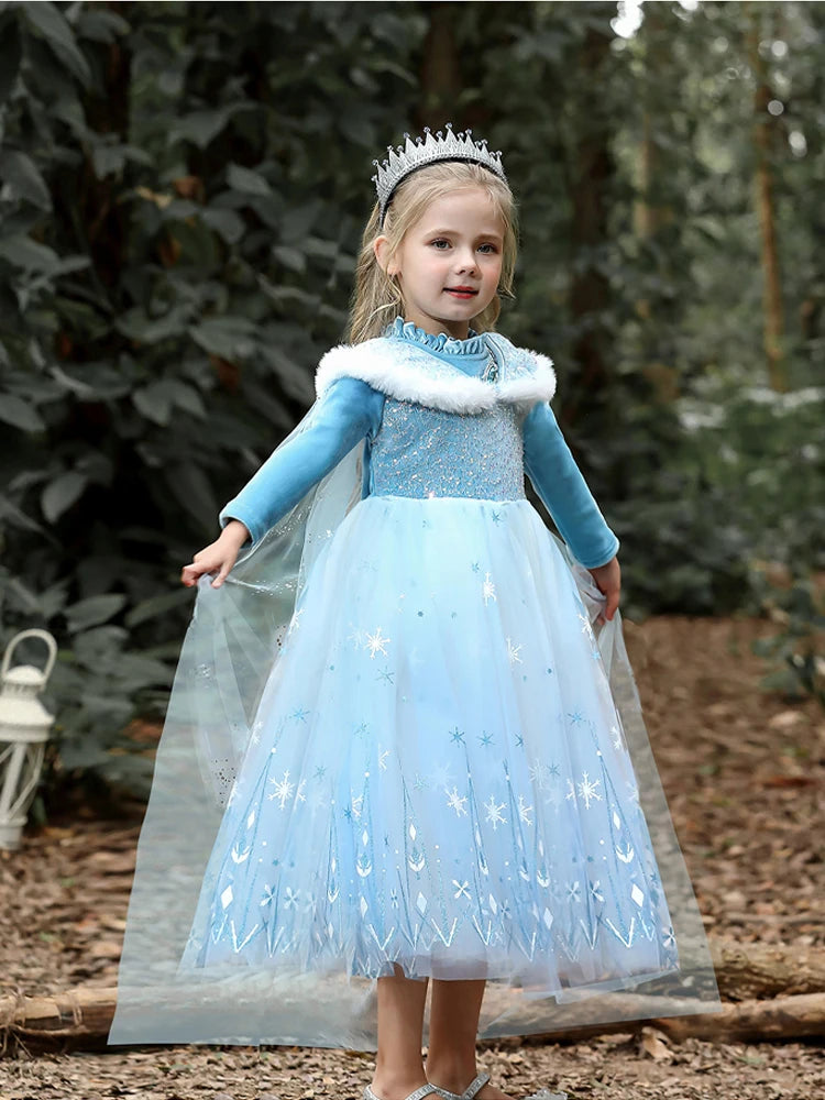 Girls Velvet Blue Cape Princess Dress Set - Warm Party Outfit