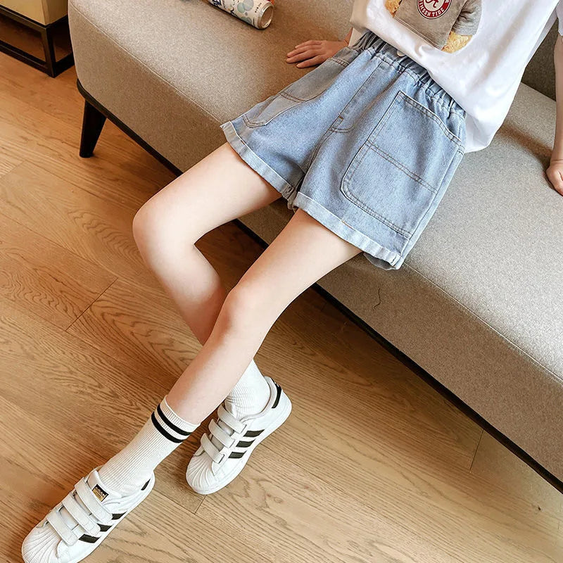 Girls Embroidered Lace Bow Denim Shorts