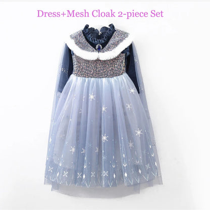 Girls Velvet Blue Cape Princess Dress Set - Warm Party Outfit