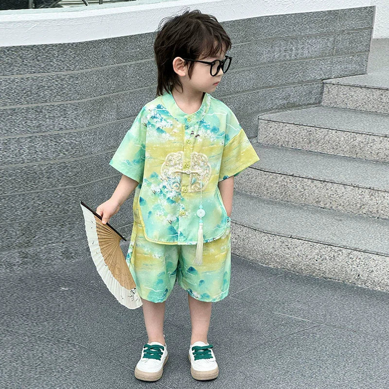 Boys Tang Style Hanfu Set - Short Sleeve Two-Piece Summer Outfit
