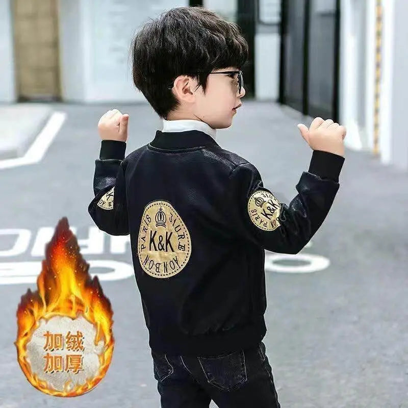Boys PU Leather Jacket - Plus Velvet Warm Winter Coat