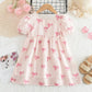 Girls Puff Sleeve Bow Print Princess Dress - Square Collar