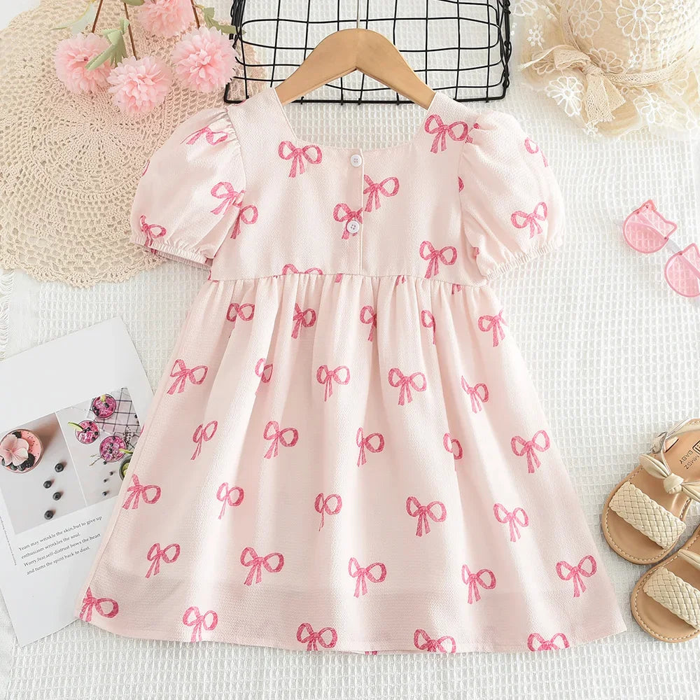 Girls Puff Sleeve Bow Print Princess Dress - Square Collar