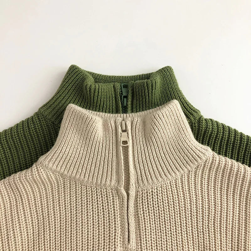 Kids Striped Half-Zip Pullover - Stand Collar Autumn Sweater