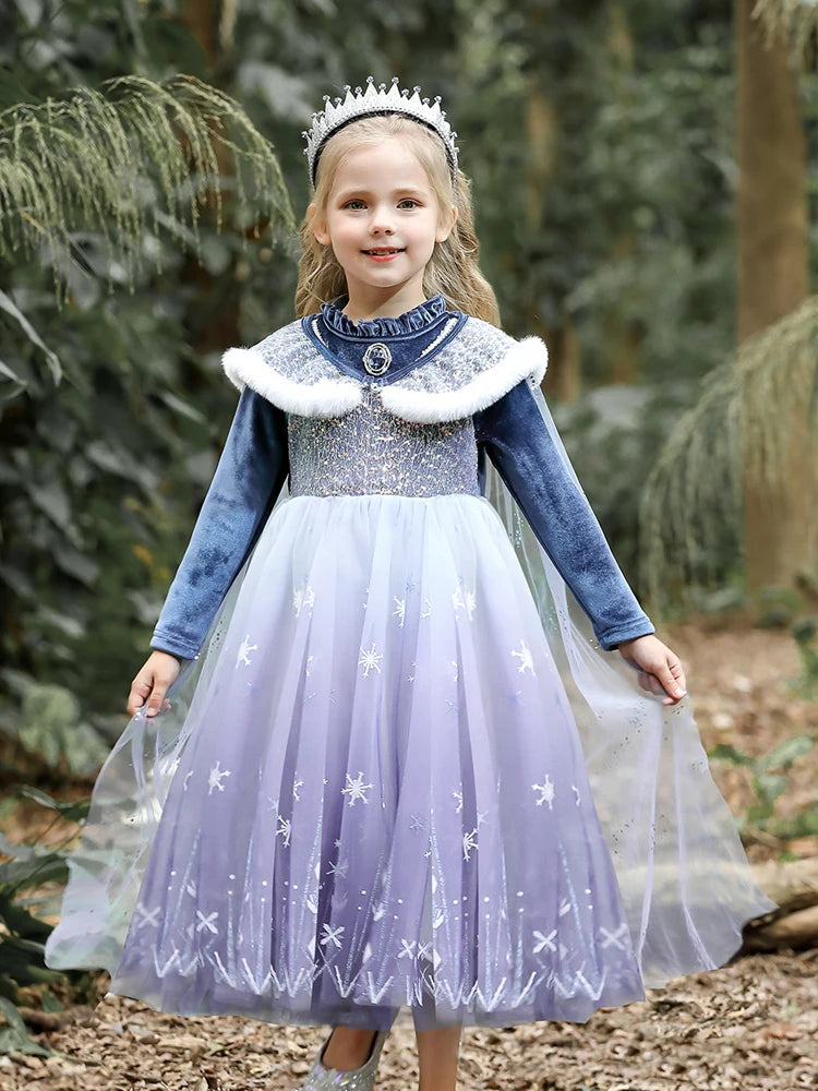 Girls Velvet Blue Cape Princess Dress Set - Warm Party Outfit