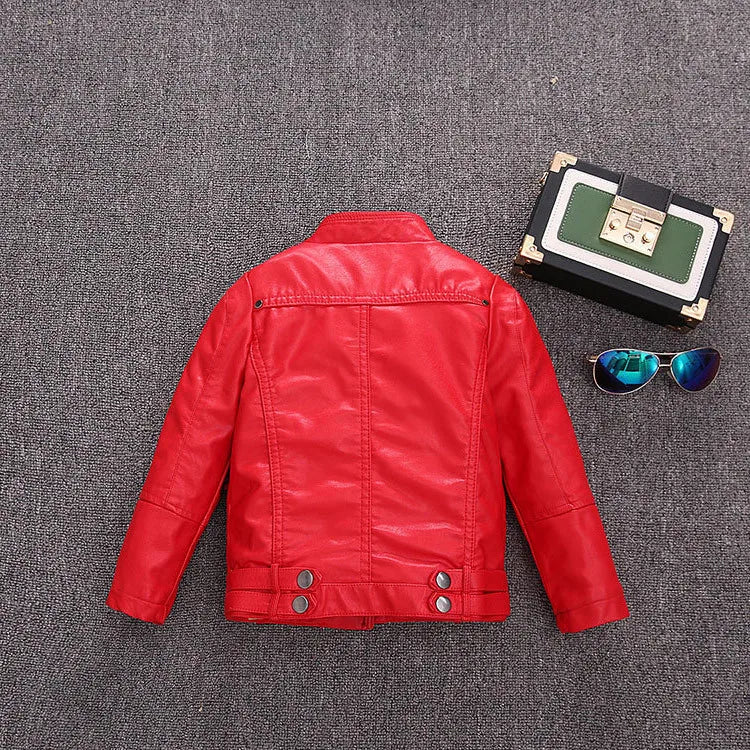 Girls Faux Leather Zip Jacket - Belted Biker Style