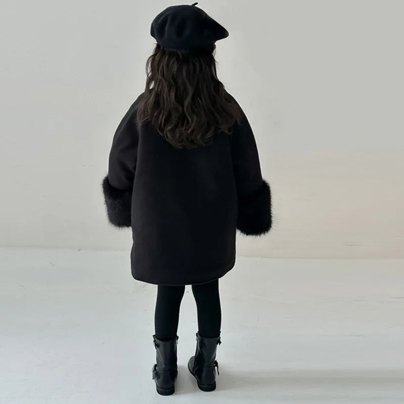 Girls Double Breasted Bow Wool Coat - Warm Winter Outerwear