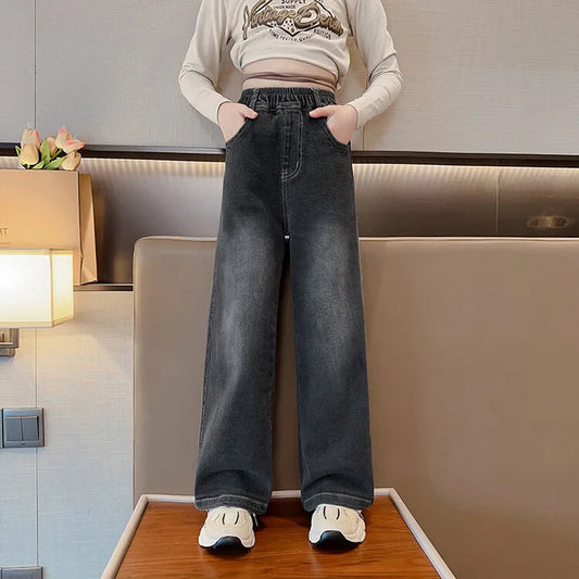 Girls Vintage Wide Leg Denim Pants - Solid Casual Trousers