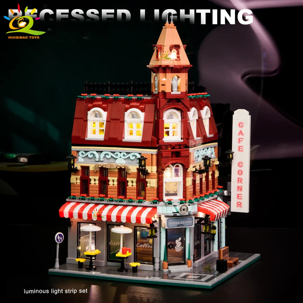 City Corner Coffee Shop Micro Blocks - Street View Architecture Set