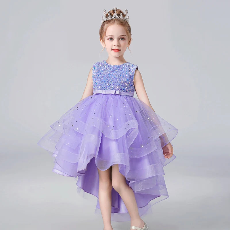 Girls Sequin Lace Sleeveless Wedding Dress - Fluffy Mesh Style