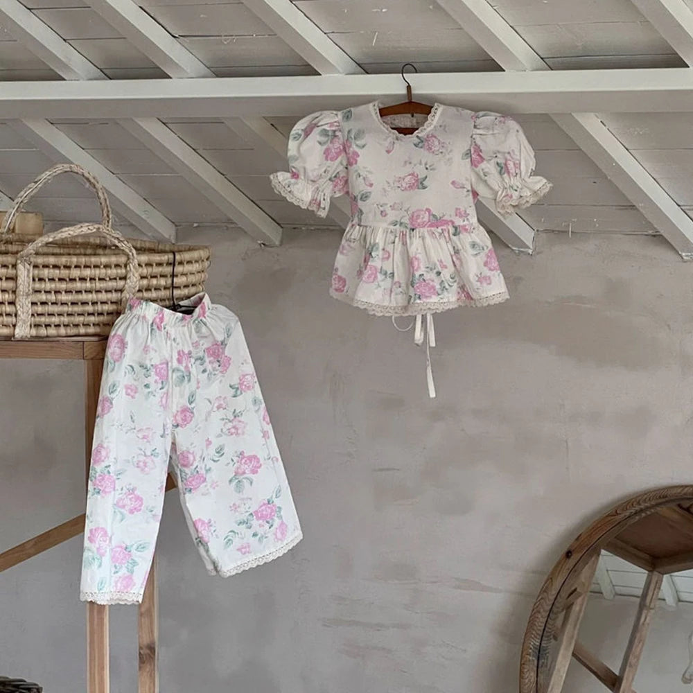 Girls Bubble Sleeve Shirt and Wide Leg Pants Set