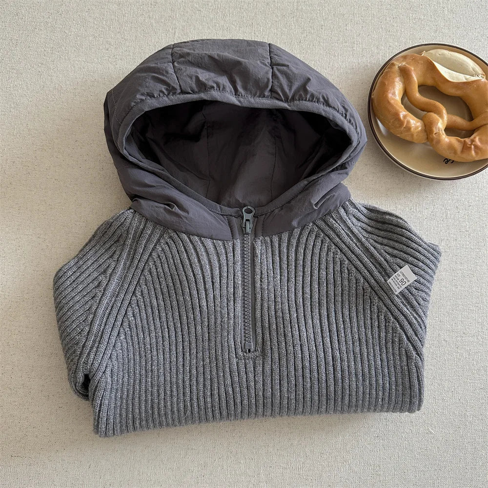 Boys Half-Zip Hooded Knit Sweater - Autumn Winter Sweatshirt