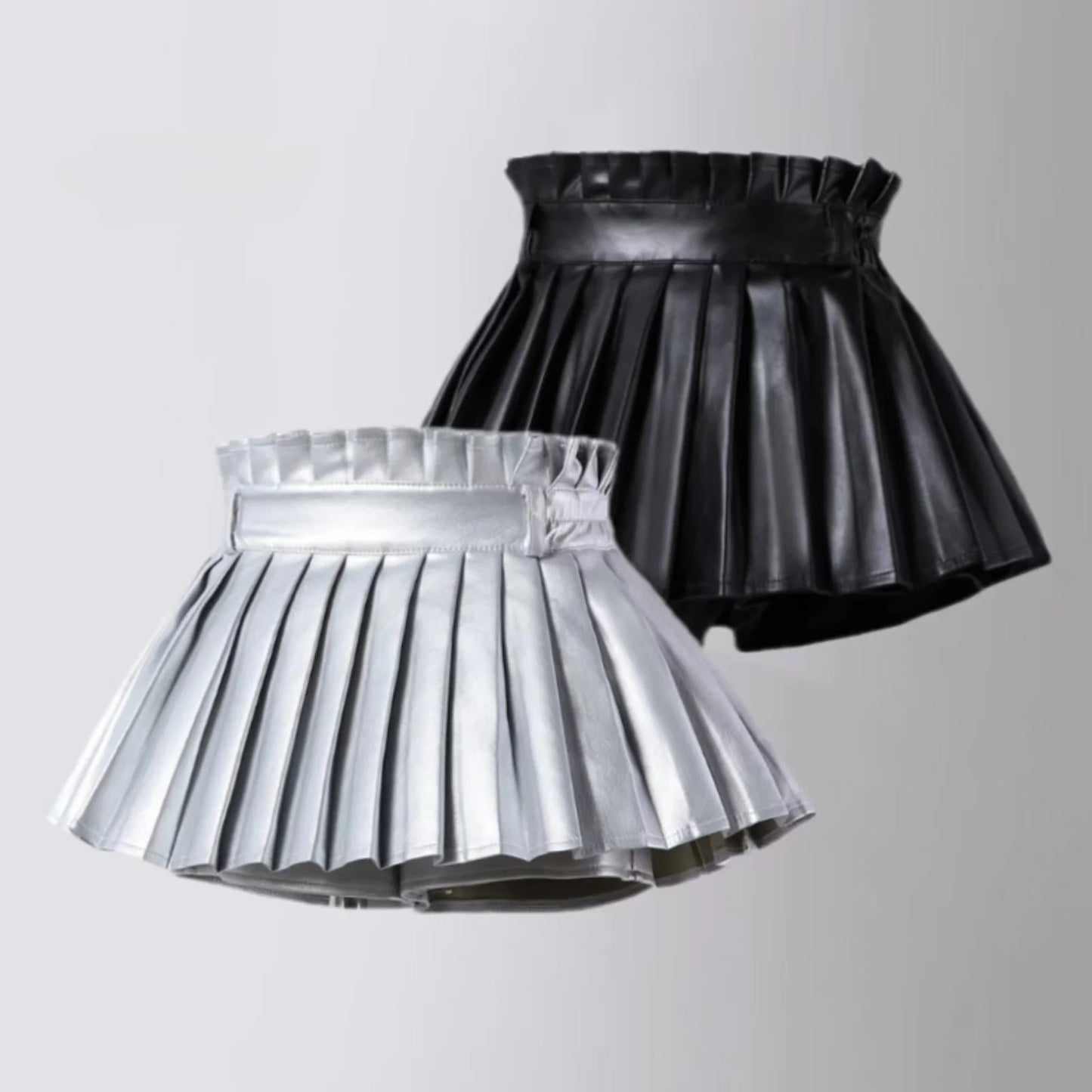 Girls High Waist Pleated PU Leather Mini Skirt