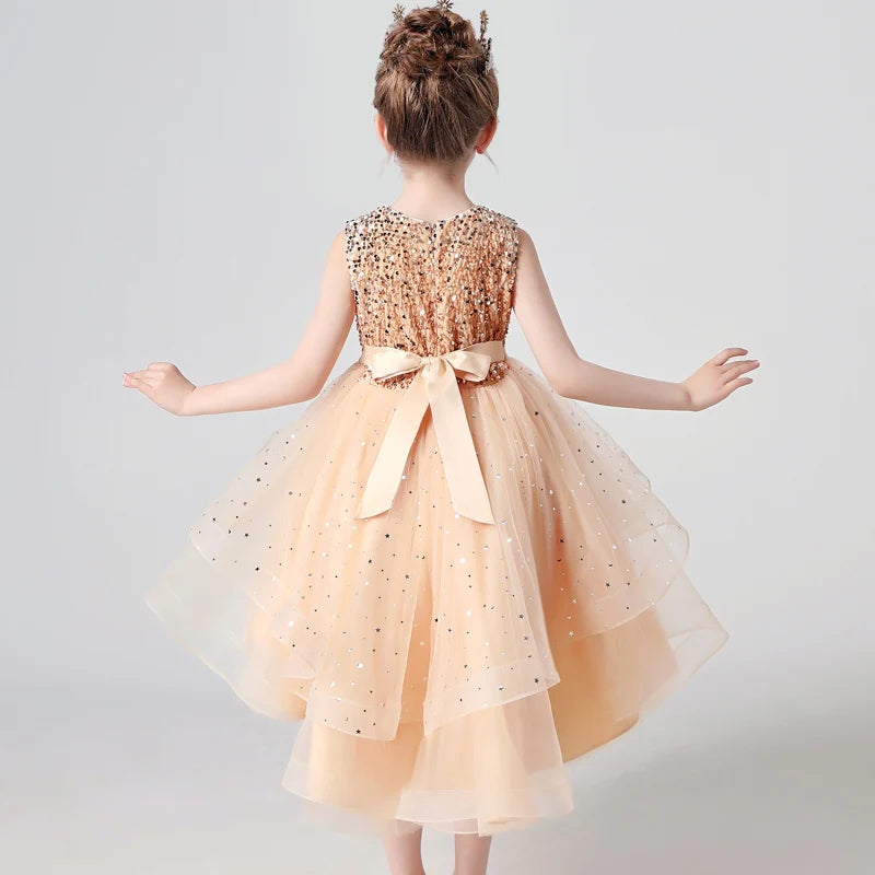 Girls Sequin Lace Sleeveless Wedding Dress - Fluffy Mesh Style
