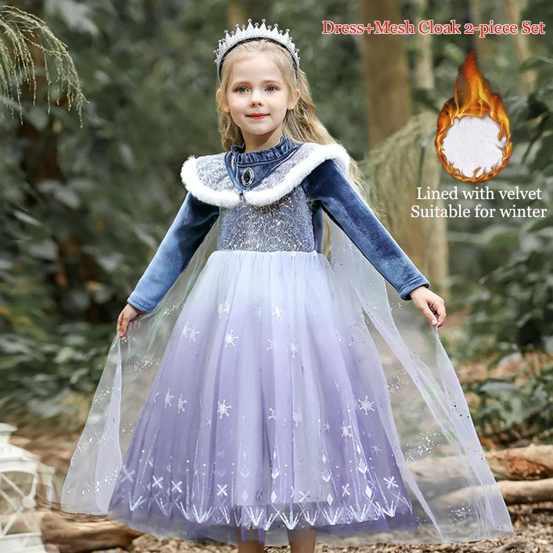 Girls Velvet Blue Cape Princess Dress Set - Warm Party Outfit