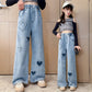 Girls Love Edge Elastic Waist Jeans - Korean Style Denim Pants