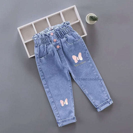 Girls Floral Graffiti Denim Pants - Cartoon Casual Jeans