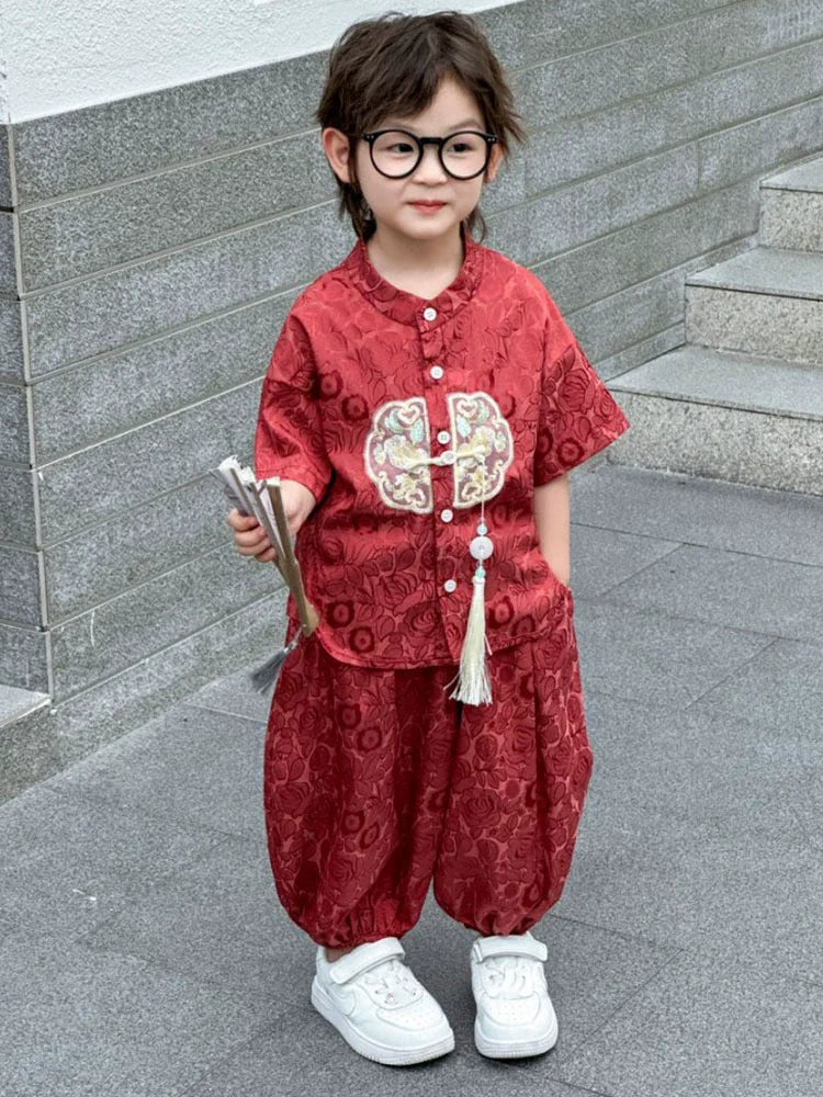 Boys Tang Style Hanfu Set - Short Sleeve Two-Piece Summer Outfit