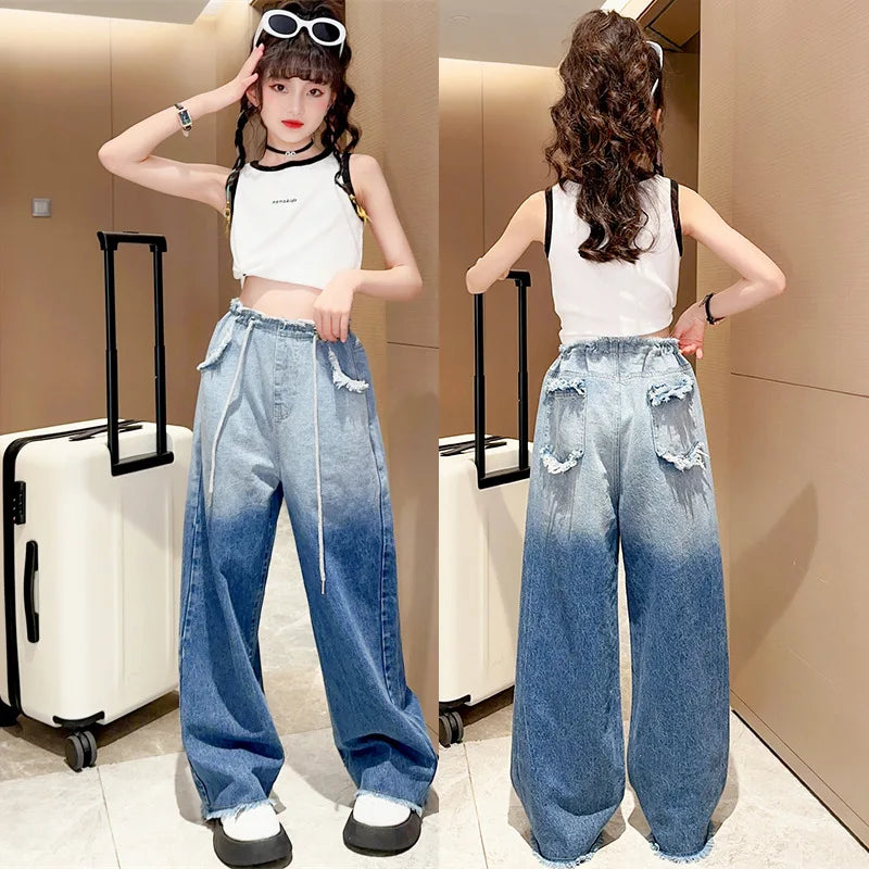 Girls Gradient Wide Leg Jeans and Sleeveless Vest Set