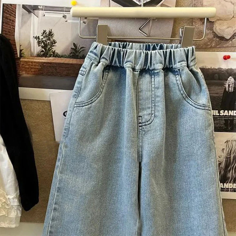 Girls Lace Detail Blue Jeans - Korean Casual Pants