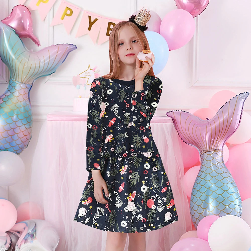 Girls Floral Long Sleeve Winter Dress - Warm Cotton Style