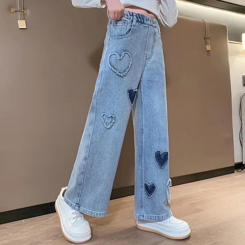 Girls Love Edge Elastic Waist Jeans - Korean Style Denim Pants