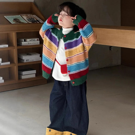 Boys Striped Knit Cardigan - Retro Rainbow Autumn Sweater