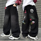 Boys Black Print Wide Leg Jeans - Washed Straight Denim Pants