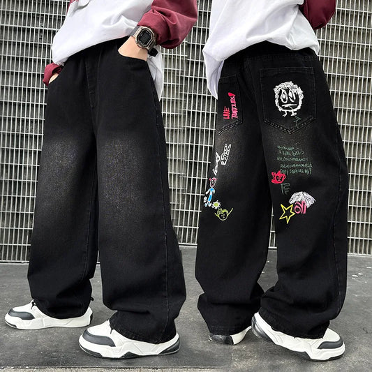 Boys Black Print Wide Leg Jeans - Washed Straight Denim Pants