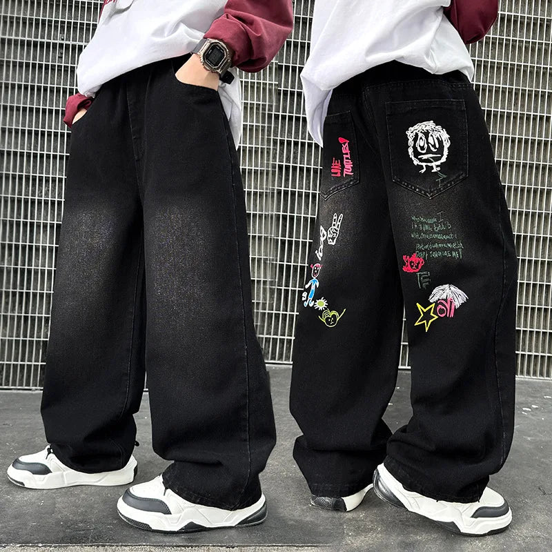 Boys Black Print Wide Leg Jeans - Washed Straight Denim Pants