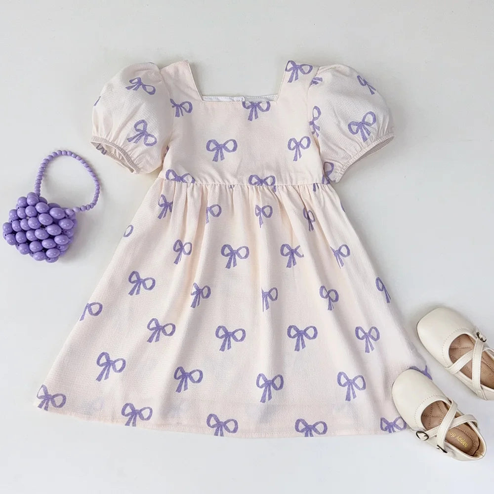 Girls Puff Sleeve Bow Print Princess Dress - Square Collar