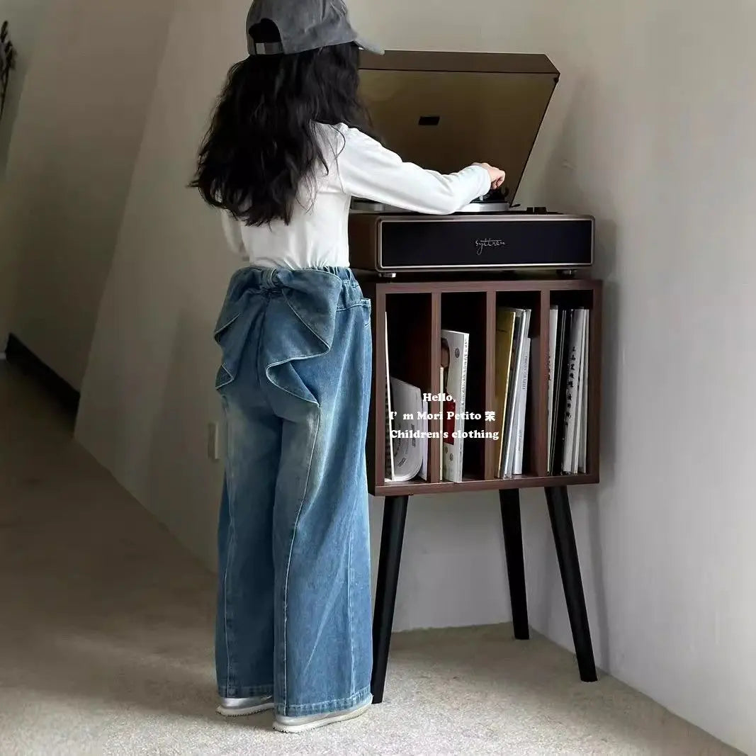 Girls Bow Detail Straight Leg Wide Leg Jeans