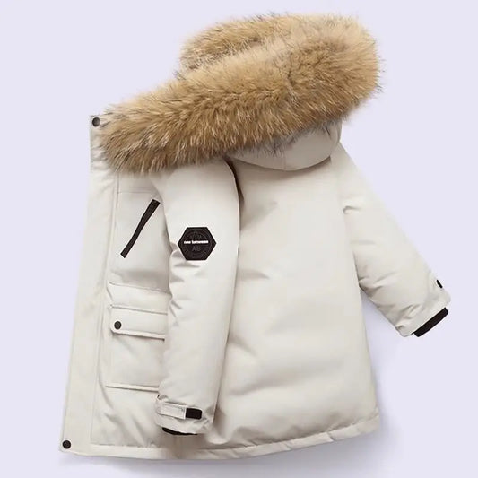 Kids Hooded Fur Collar Winter Jacket - Thick Warm Outerwear