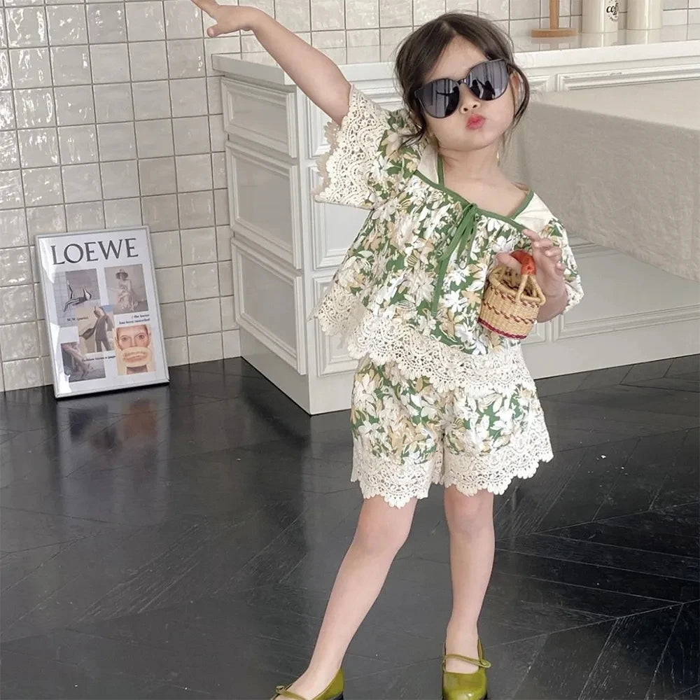 Girls Bubble Sleeve Shirt and Wide Leg Pants Set