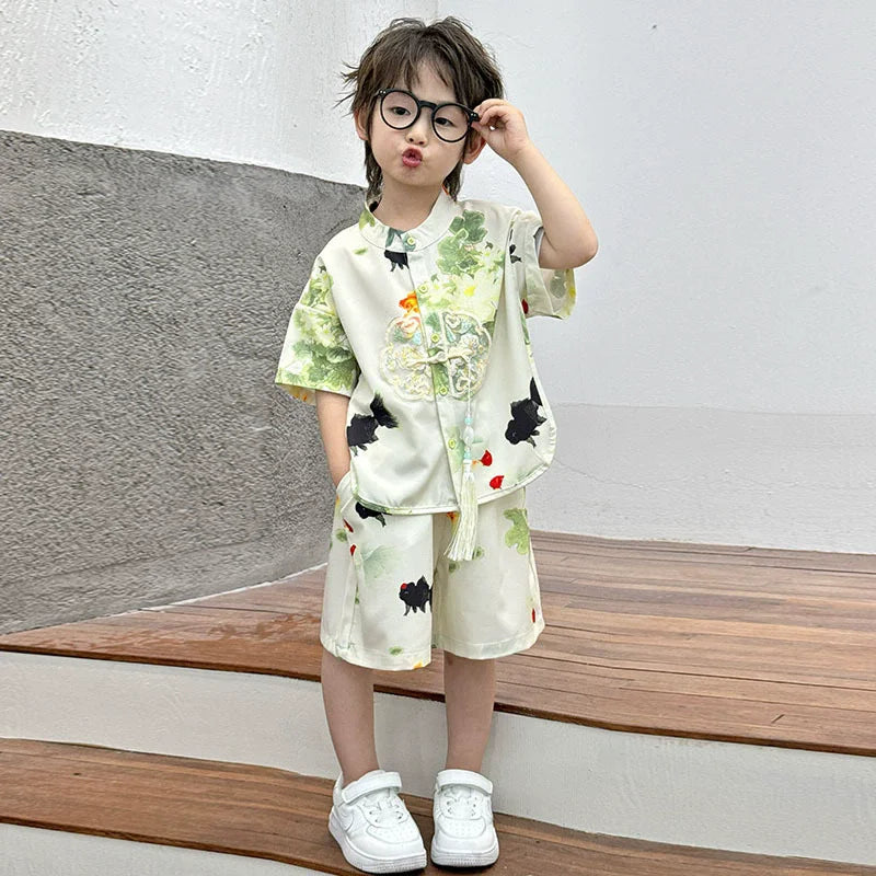 Boys Tang Style Hanfu Set - Short Sleeve Two-Piece Summer Outfit