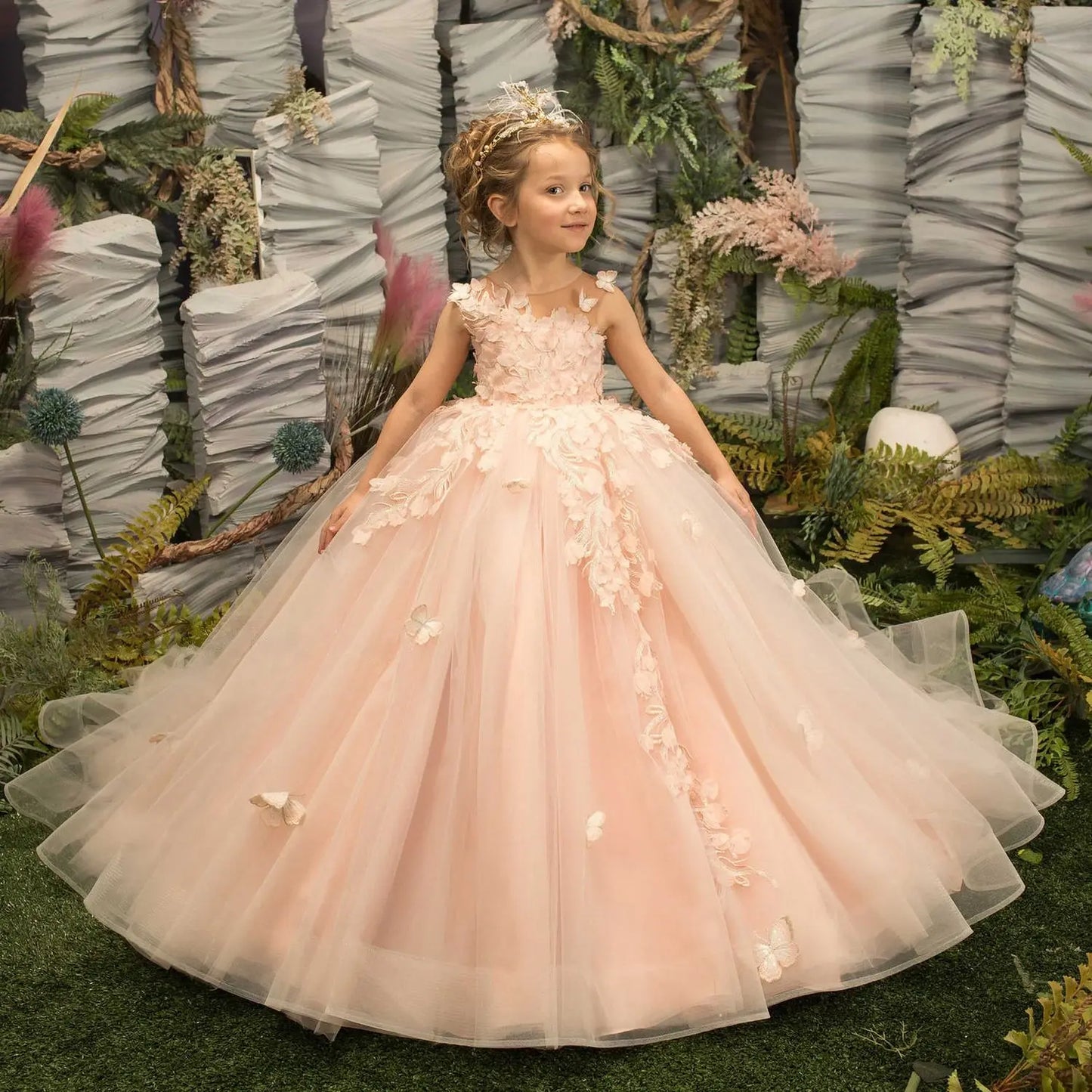 Girls Pink Floral Lace Floor-Length Gown - Flower Girl Dress