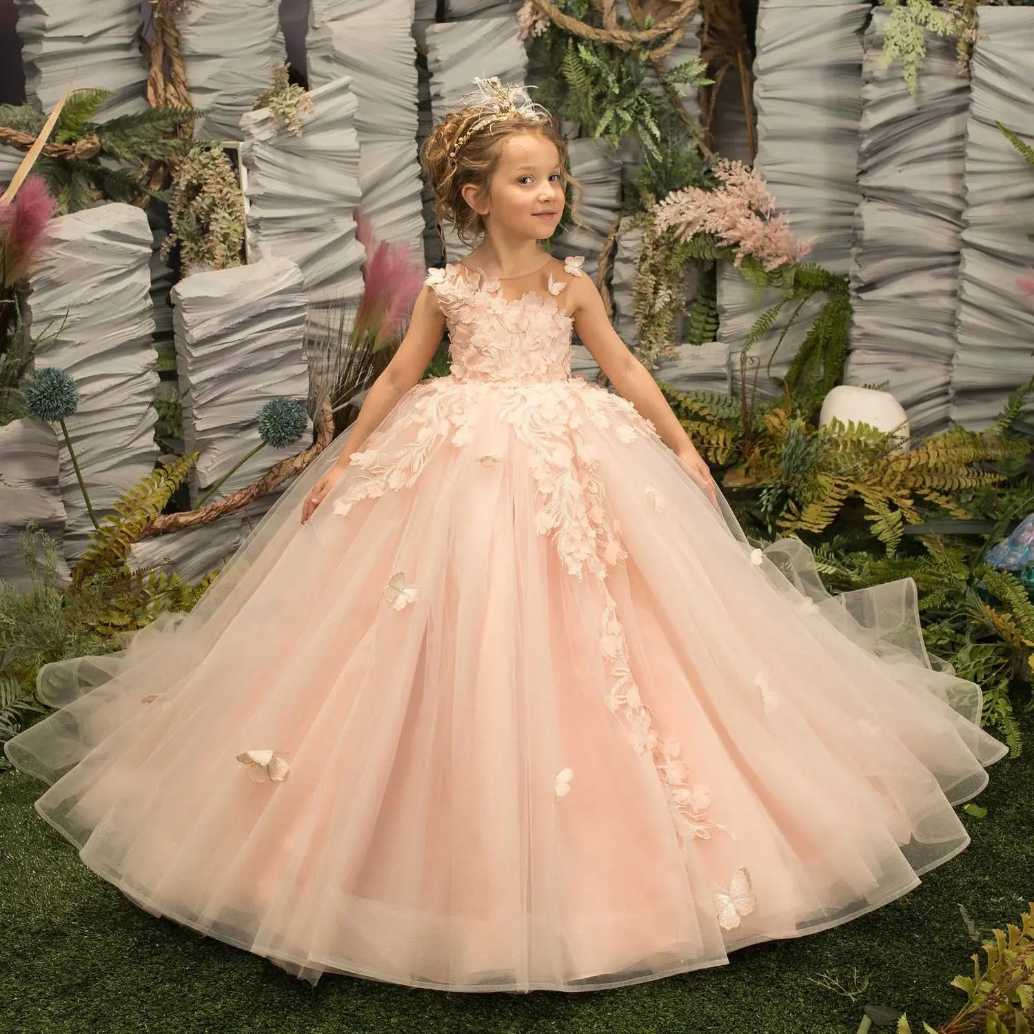 Girls Pink Floral Lace Floor-Length Gown - Flower Girl Dress