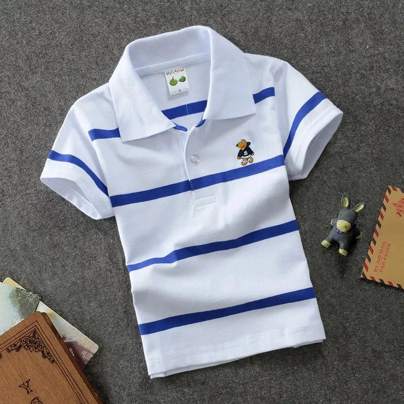 Boys Printed Polo Shirt - Cotton Blend Short Sleeve Lapel Top