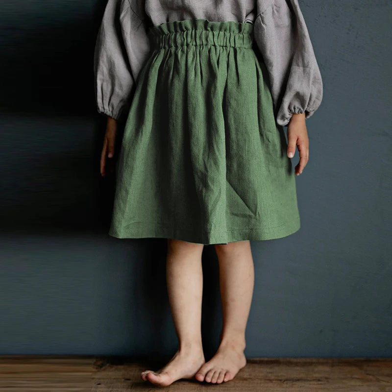 Girls Cotton Linen Elastic Waist Midi Skirt