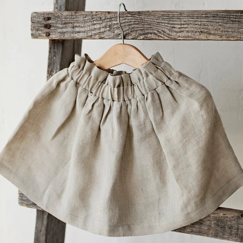Girls Cotton Linen Elastic Waist Midi Skirt