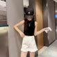 Girls Elastic Waist Pink White Denim Shorts