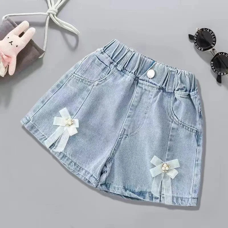 Girls Embroidered Lace Bow Denim Shorts