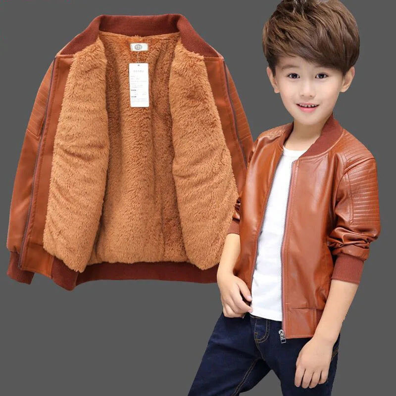 Boys PU Leather Jacket - Plus Velvet Warm Winter Coat